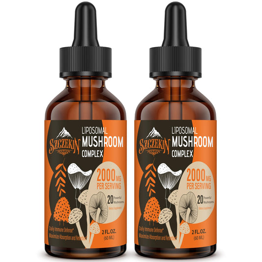 Szczekin Liposomal Mushroom Drops bottle highlighted for enhanced absorption and immune support.
