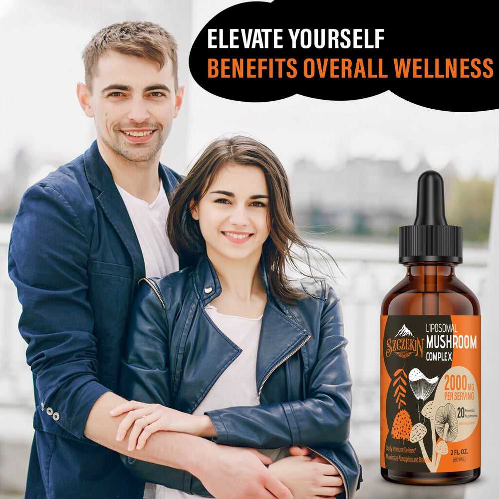Szczekin Organic mushrooms ingredients collage communicates natural, whole-fruit bodies with no fillers.