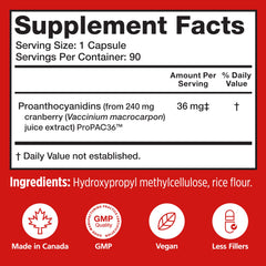 Front packaging of Szio+ Utiva Cranberry PACs highlighting 36 mg PACs per serving.
