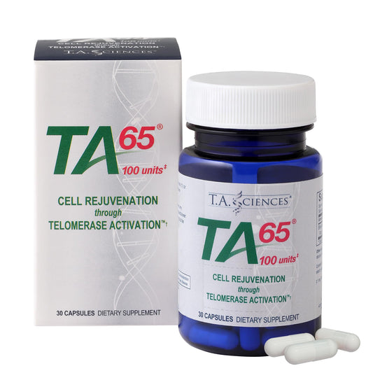 T.A. Sciences TA65 bottle front, suggesting premium telomerase activation support for daily vitality.