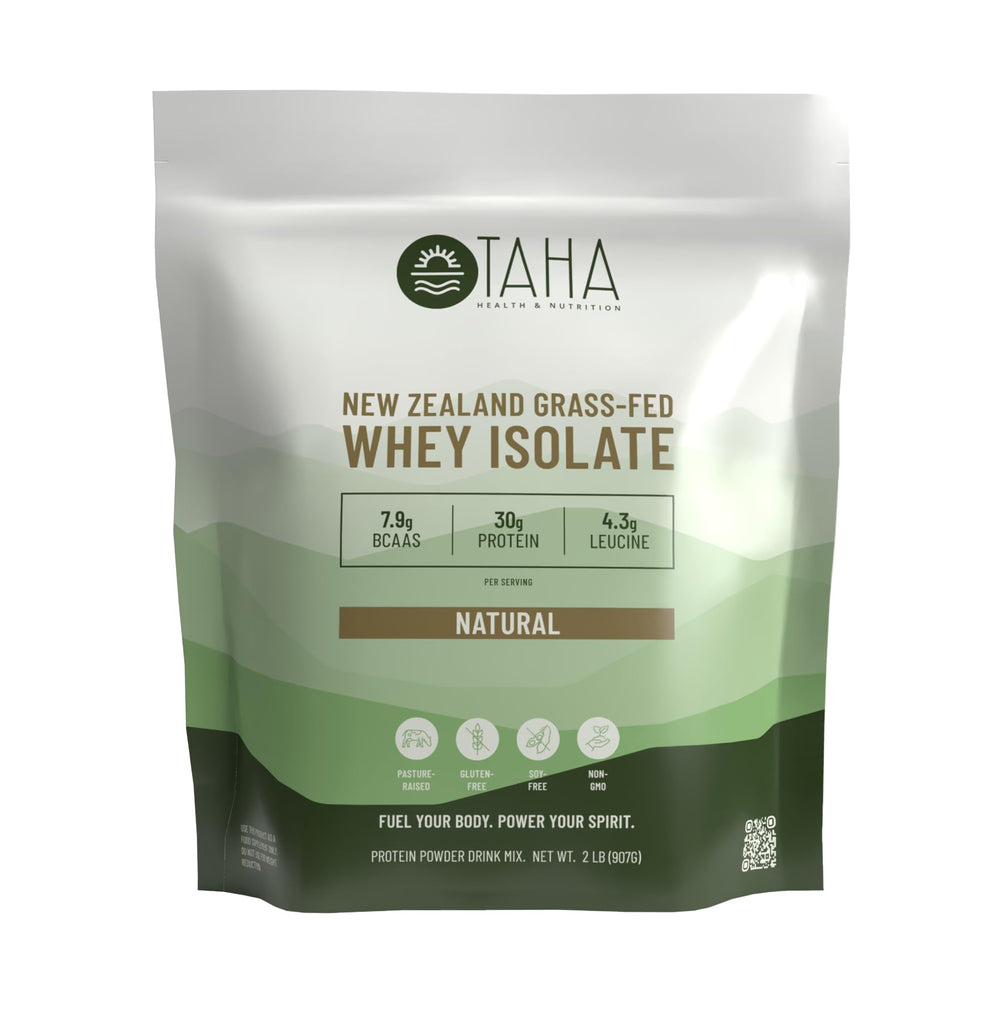 Taha Health & Nutrition unflavored whey protein isolate powder in a 2lb bag for clean protein.