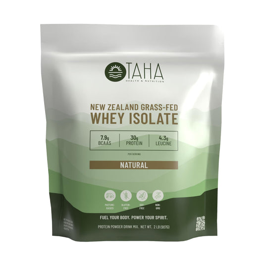 Taha Health & Nutrition unflavored whey protein isolate powder in a 2lb bag for clean protein.
