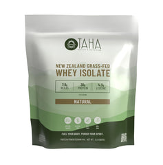 Taha Health & Nutrition unflavored whey protein isolate powder in a 2lb bag for clean protein.