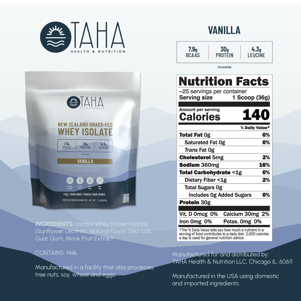 Close-up of Taha label showing 30g protein per serving.