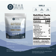Close-up of Taha label showing 30g protein per serving.