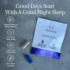 TAHIRO Sleep Well bottle and packets on bedside table for easy bedtime routine.