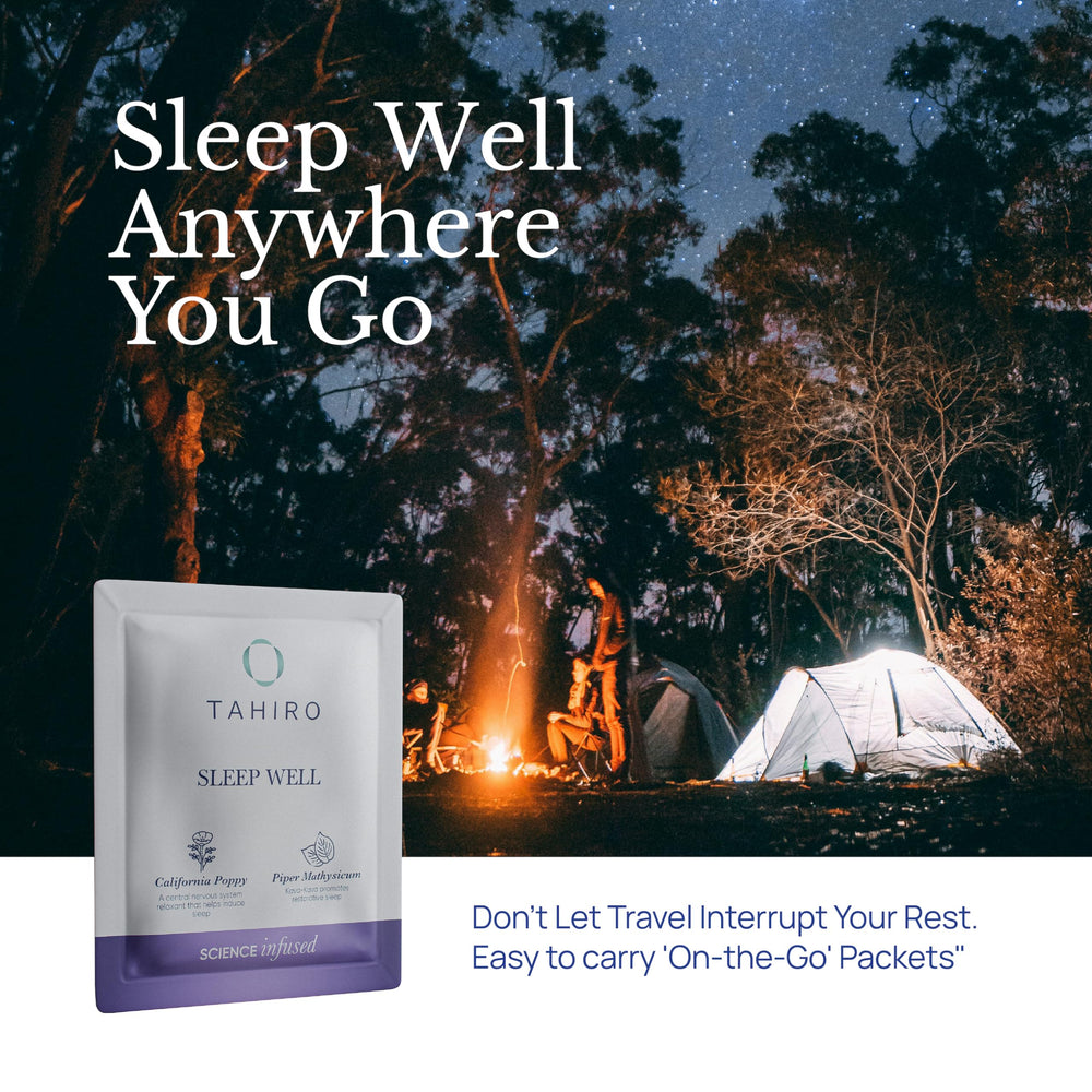 TAHIRO Sleep Well kava and valerian ingredients shown for calm sleep.