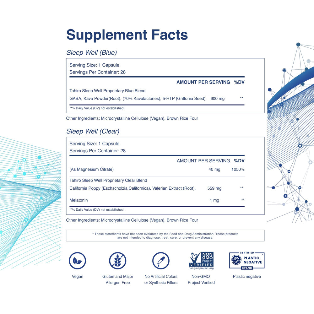TAHIRO Sleep Well vegan ingredients label emphasizes clean formulation.
