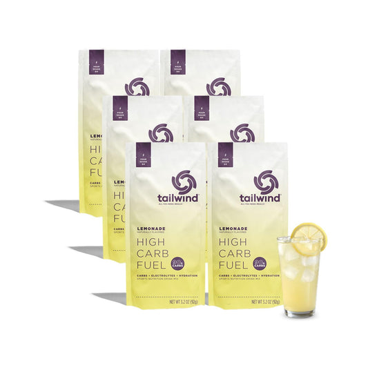 Tailwind High Carb Fuel lemonade packet for sustained energy during endurance sessions.