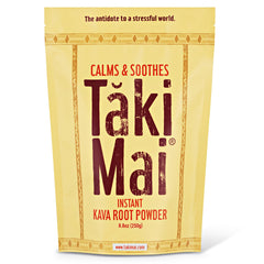 Taki Mai Noble Kava Powder jar shows pure kava root for natural calm.