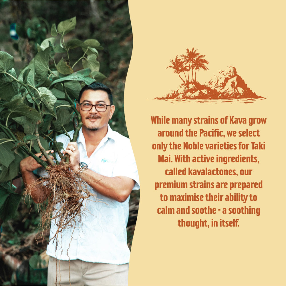 Taki Mai Noble Kava Root label detail, premium ingredients and ritual heritage.