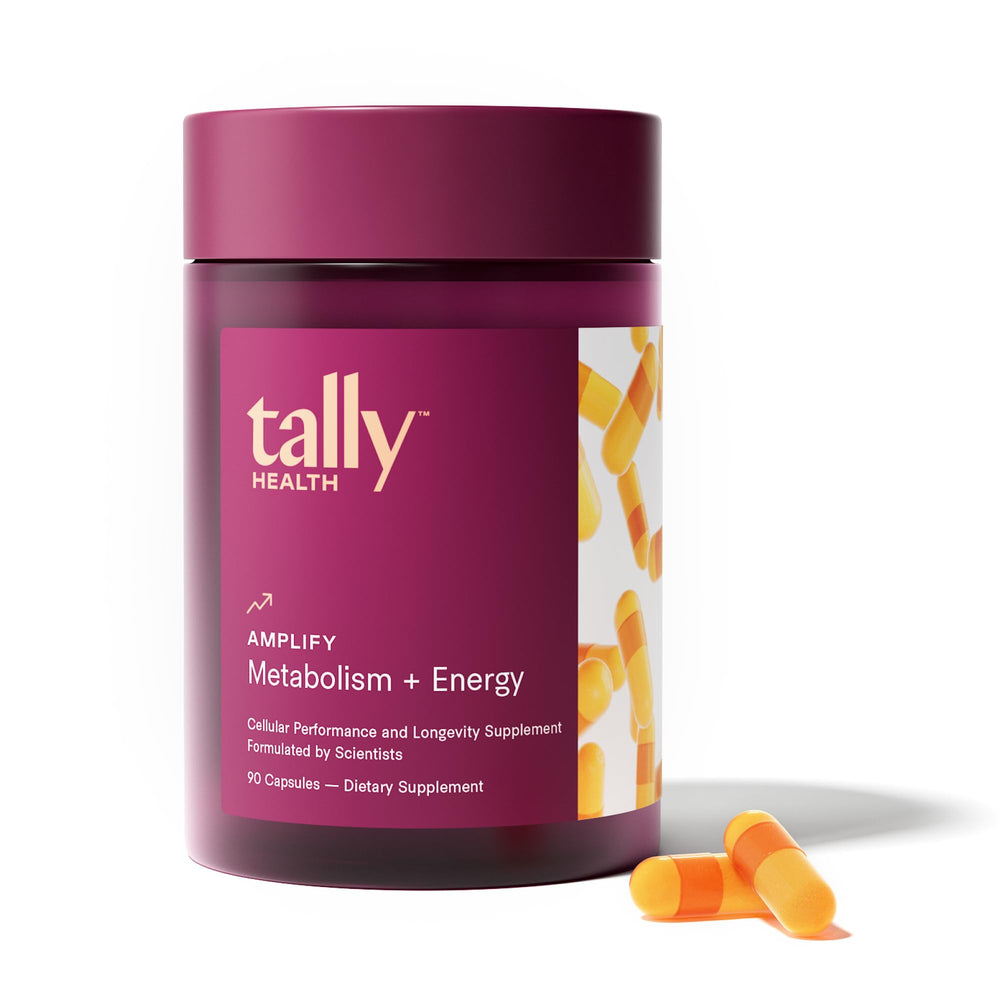 Tally Health Amplify bottle cap image suggests daily energy support and metabolic balance.