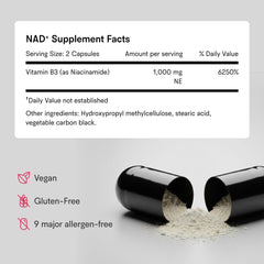 Tally Health NAD+ bottle on countertop displays gluten-free and non-GMO claim.