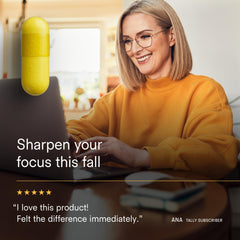 Closeup of Tally Health Sharpen tablets demonstrating convenient daily use.