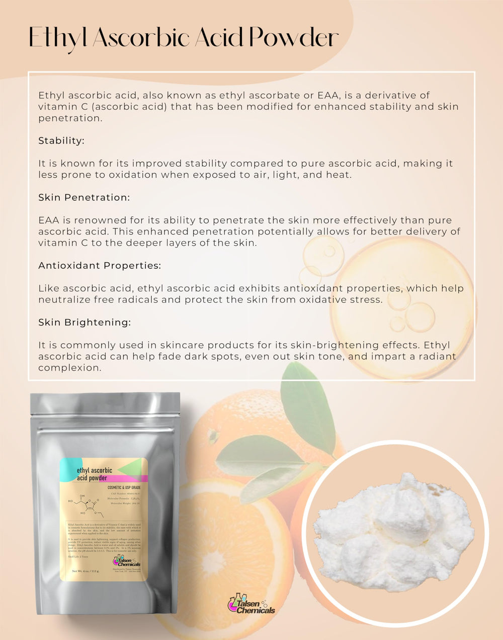 Talsen Ethyl Ascorbic Acid Powder product shot on clean background emphasizes stability.
