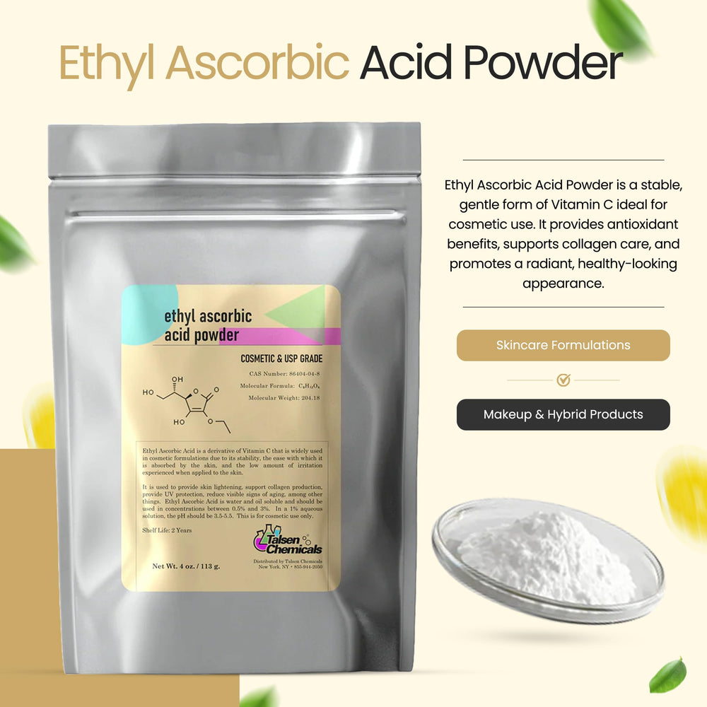 Talsen Ethyl Ascorbic Acid Powder packaging shot highlights water-soluble Vitamin C and formulation-friendly packaging.
