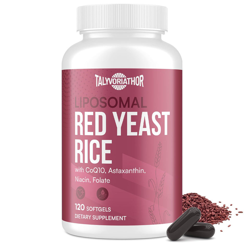 Talyvoriathor liposomal red yeast rice bottle close-up highlights premium formula for cardiovascular support.