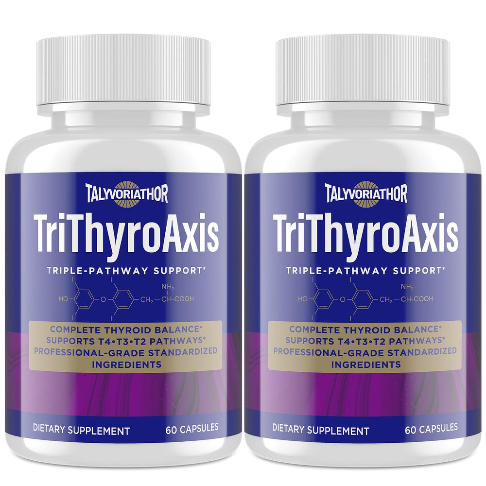 Talyvoriathor TriThyroAxis bottle with capsules for balanced thyroid support.