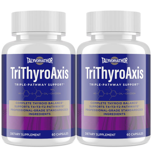 Talyvoriathor TriThyroAxis bottle with capsules for balanced thyroid support.