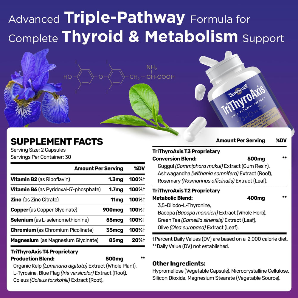 Talyvoriathor label highlights L-tyrosine and selenium for T4 production.