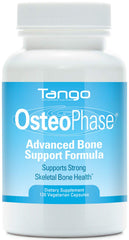 Tango OsteoPhase bottle close-up showing capsules for bone support and balance.