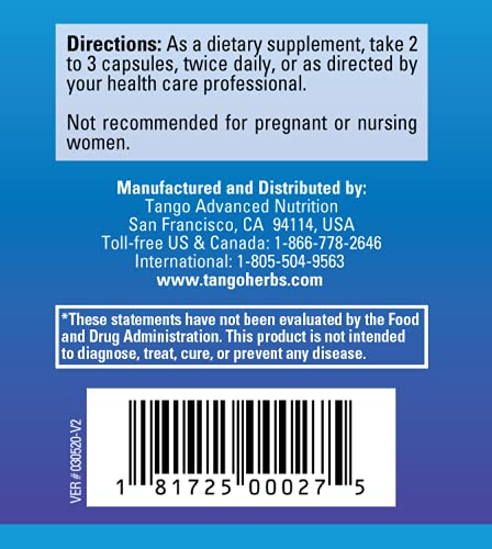 Tango ProstaPhase bottle back with dosing directions and supplement facts