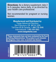 Tango ProstaPhase bottle back with dosing directions and supplement facts