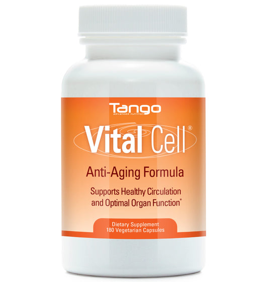 Tango Vital Cell bottle front highlighting natural anti-aging support.