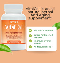 Tango Vital Cell bottle label close-up emphasizing herbal blend for wellness.
