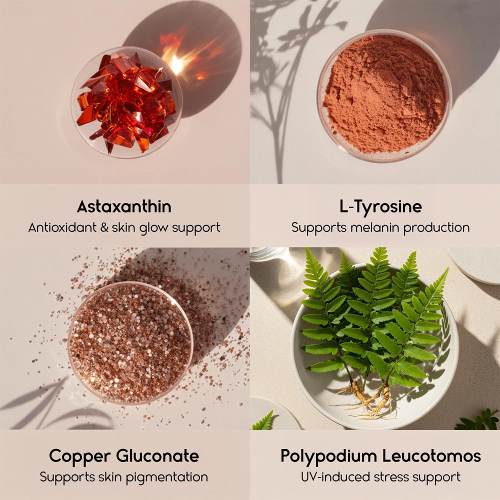 Tanova ingredients panel showing Polypodium Leucotomos and vitamins