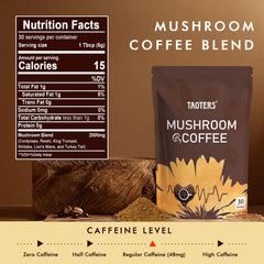 TAOTERS Mushroom Coffee close-up highlights creamy texture with MCT oil.