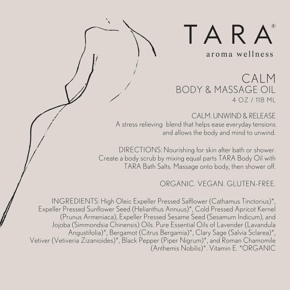 TARA Spa Therapy Calm Oil label shows lavender, mandarin and chamomile notes.