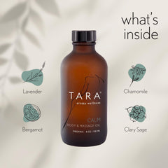 TARA Spa Therapy Calm Body & Massage Oil during a massage application.