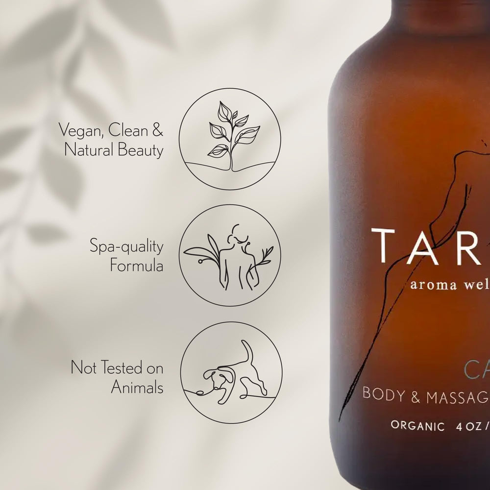 Packaging of TARA Spa Therapy Calm Body & Massage Oil in a 4 oz bottle.
