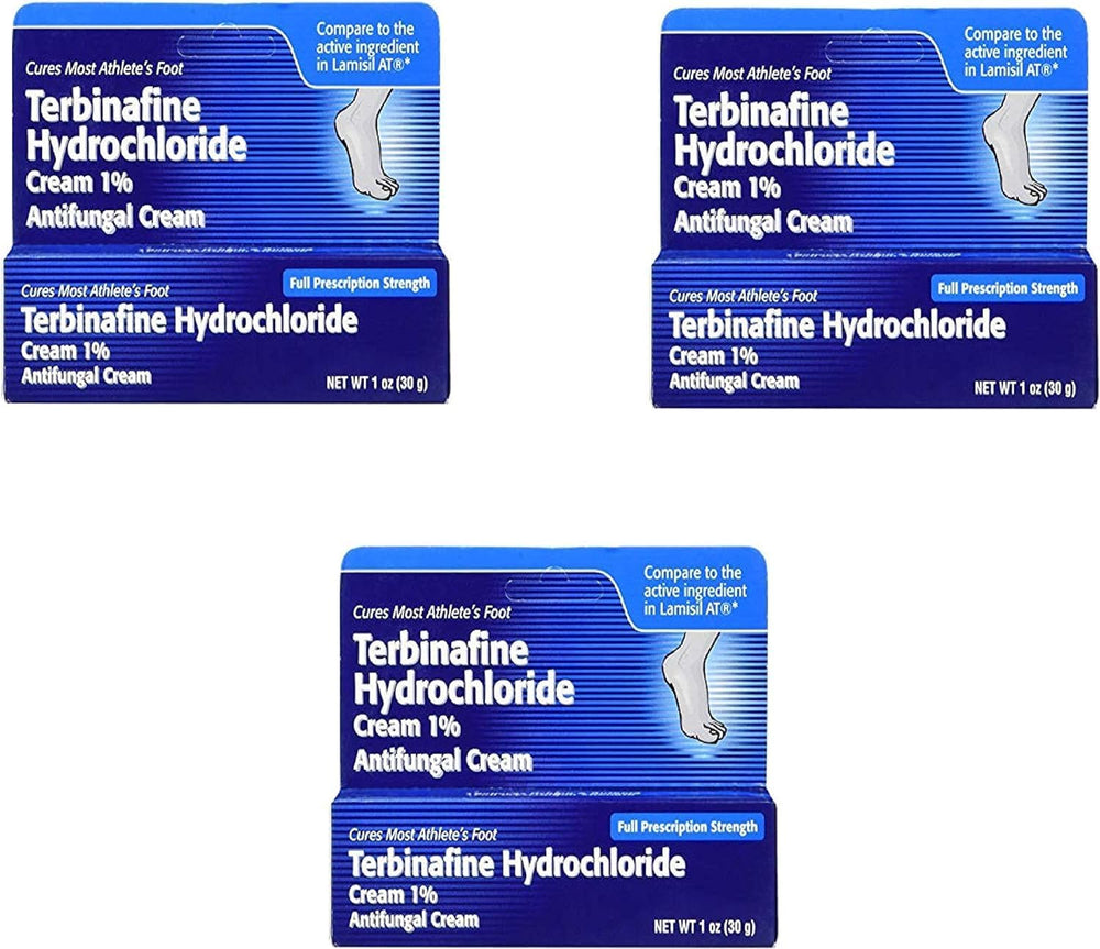TARO Terbinafine Cream 1% bottle shown for relief of itching and burning.