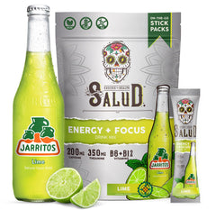 Taste Salud x Jarritos 2in1 energy lime powder poured into water for a refreshing lift.