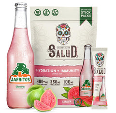Taste Salud x Jarritos two-in-one hydration packets pour for refreshing on the go.