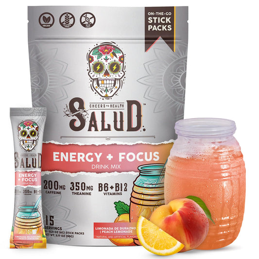 Taste Salud 2-in-1 energy powder packet ready to mix for a quick energy boost.