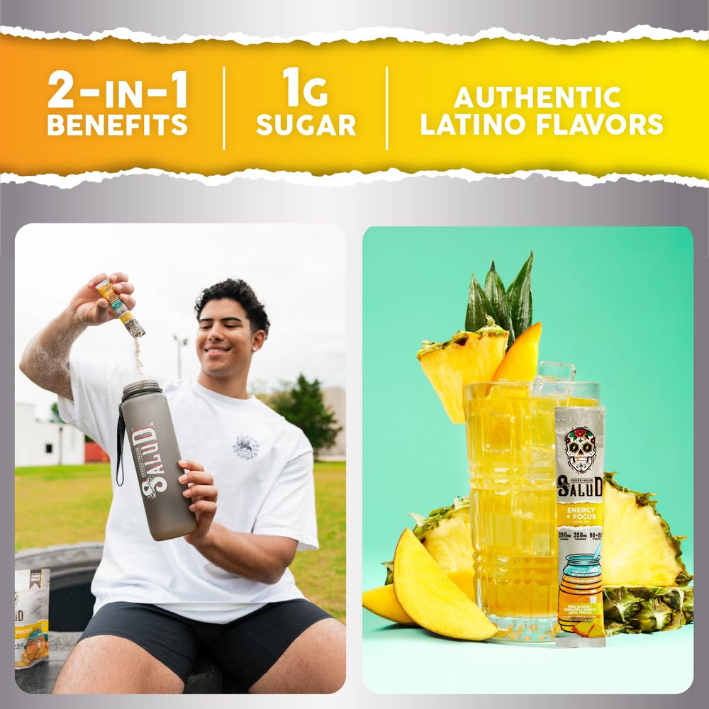 Taste Salud stick pack opened and poured into water for a quick focus boost