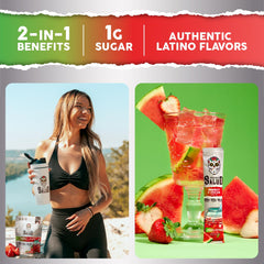 Taste Salud strawberry watermelon flavor glass evokes refreshing agua fresca experience.