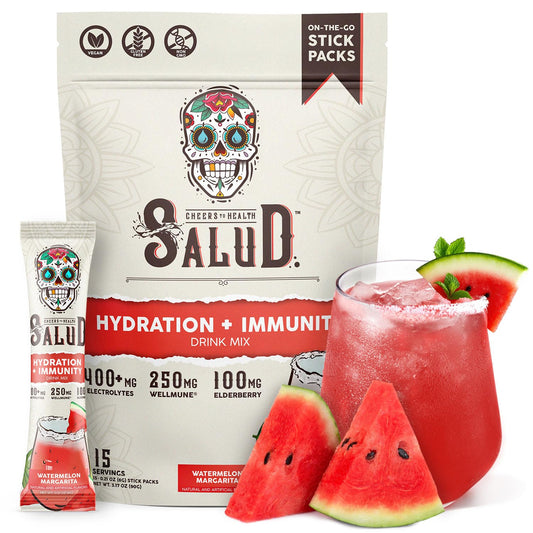 Taste Salud watermelon margarita hydration packet dissolving in water for a refreshing boost