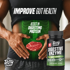 TASTY GAINS bloating relief capsule closeup highlights fast-acting post-meal comfort.