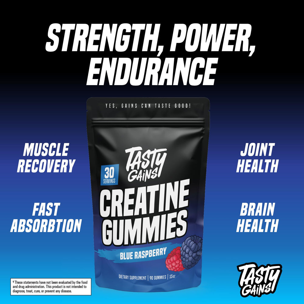 TASTY GAINS Creatine Gummies blue raspberry lineup for tasty daily use
