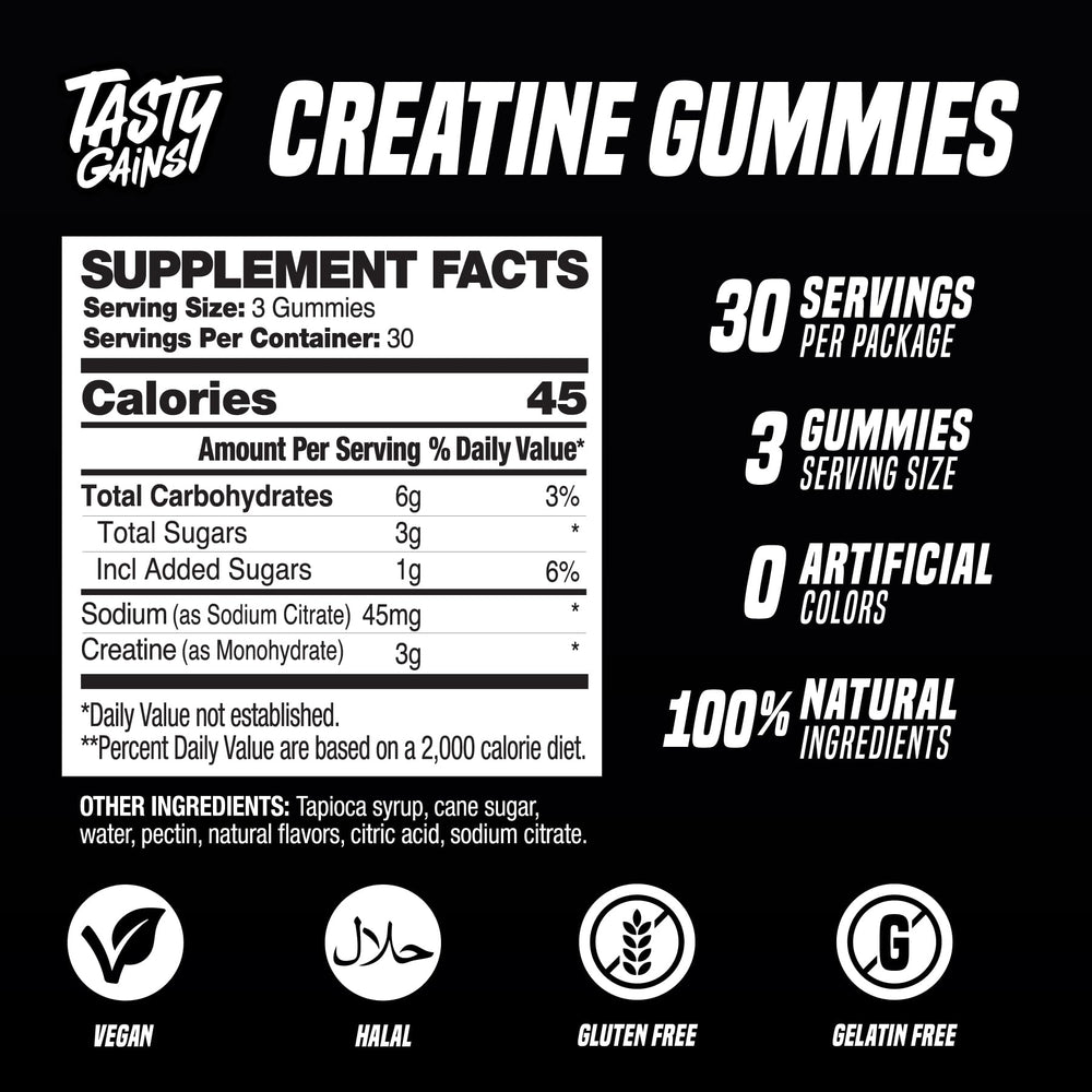 Tasty Gains Creatine Gummies different angle, portable packaging for gym use.