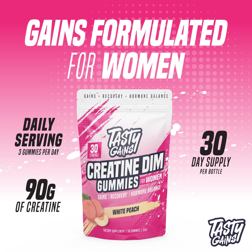 TASTY GAINS DIM gummies bottle highlights estrogen balance support for women.