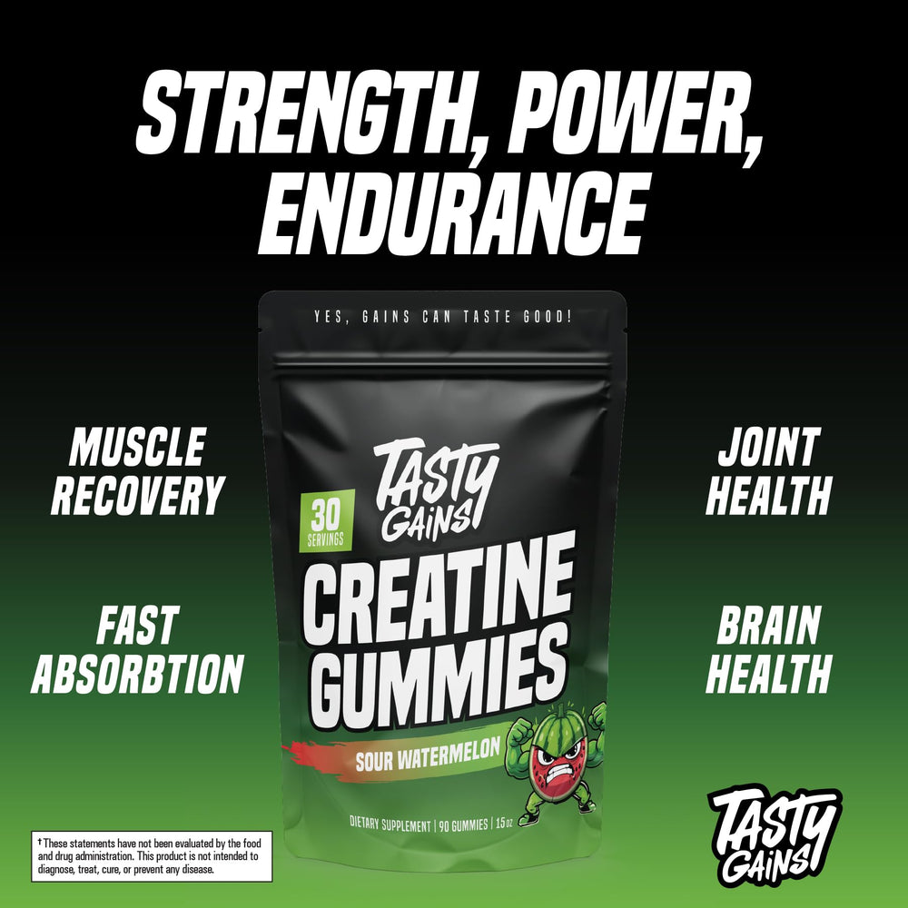 Tasty Gains Creatine Gummies in pack, 30-day supply for consistent training.