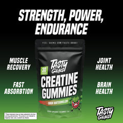 Tasty Gains Creatine Gummies in pack, 30-day supply for consistent training.