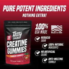 Jar of TASTY GAINS Creatine Gummies on a counter ready to grab post-workout.