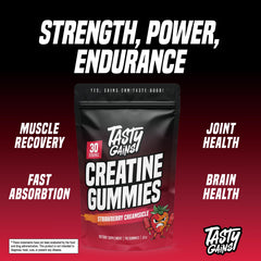 Made in USA seal with TASTY GAINS Creatine Gummies on display.