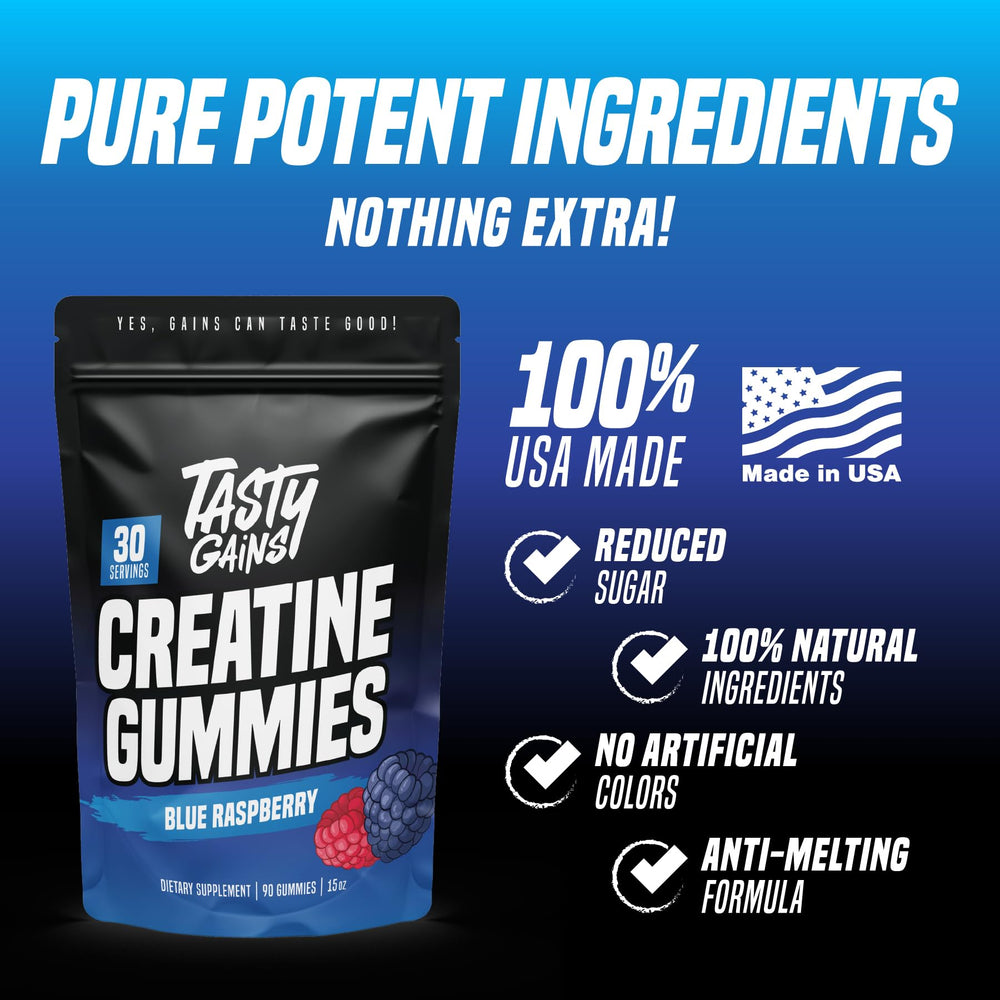 TASTY GAINS Creatine Gummies packaging front highlighting vegan and non-GMO quality